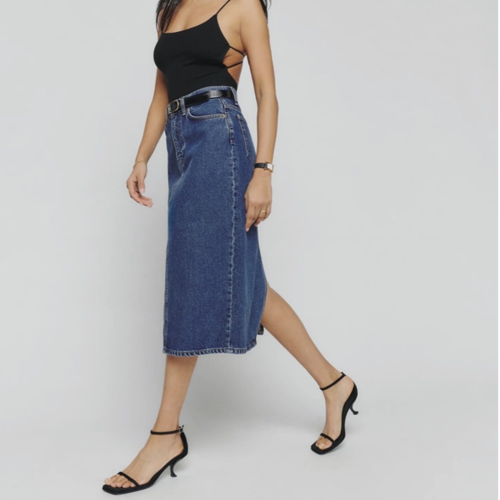 Reformation Blue Denim Midi Skirt